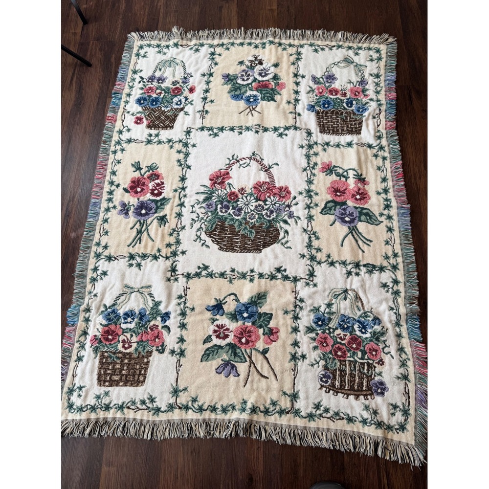 Vintage Goodwin Weavers Pansy Basket Floral Tapestry Throw Blanket Cotton USA